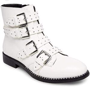 White Glam Punk Buckle Studded Ankle Boots